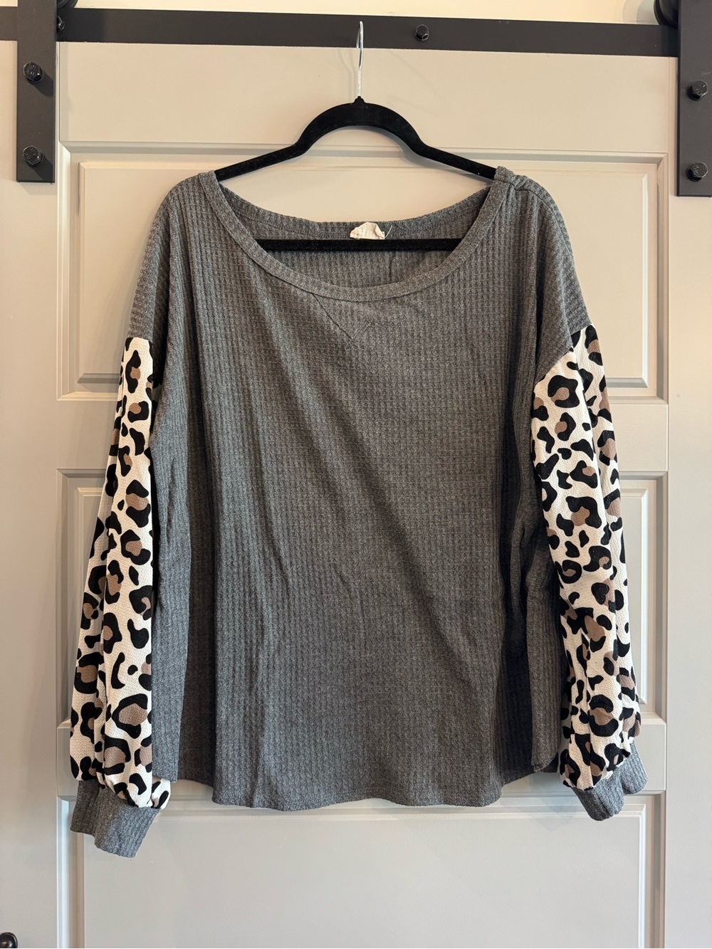 BiBi Gray Waffle Knit Top with Leopard Print Sleeves